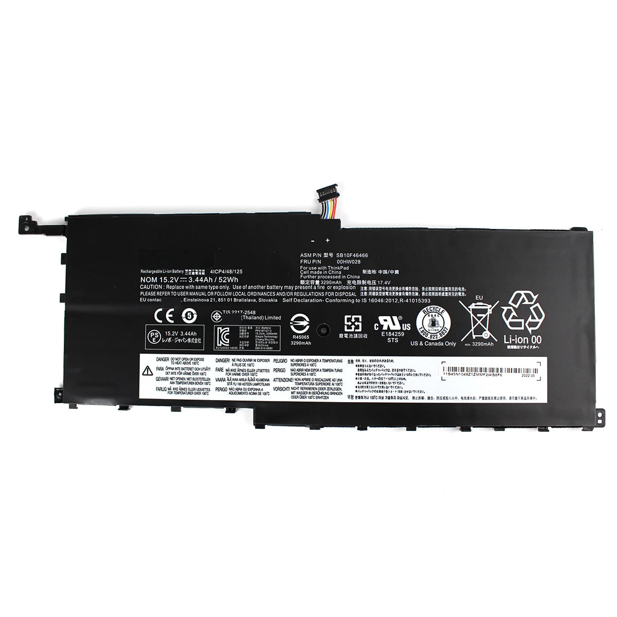 00HW028 01AV439 Laptop Battery 15.2V 52Wh — Battery label and mounting tabs